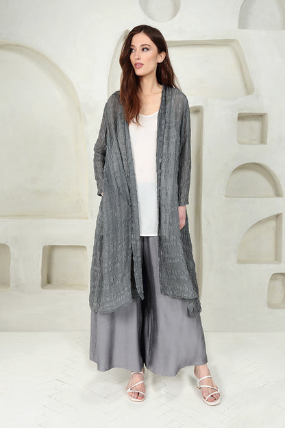 Wide Tiered Back Storm Grey Silk Bamboo Trousers 6