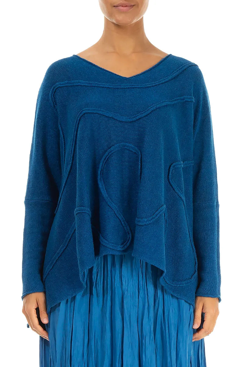 Wide Wavy Seam Cobalt Blue Linen Jumper