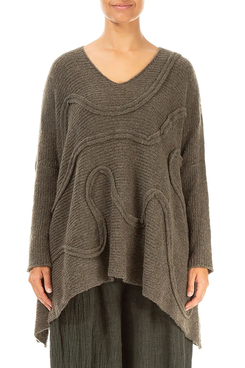 Wide Wavy Seam Khaki Wool Sweater