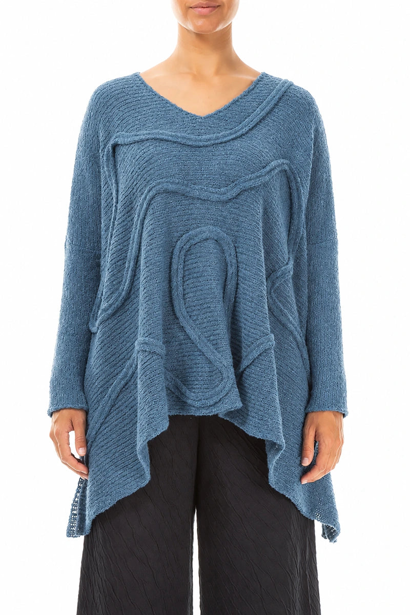 Wide Wavy Seam Petrol Blue Wool Sweater