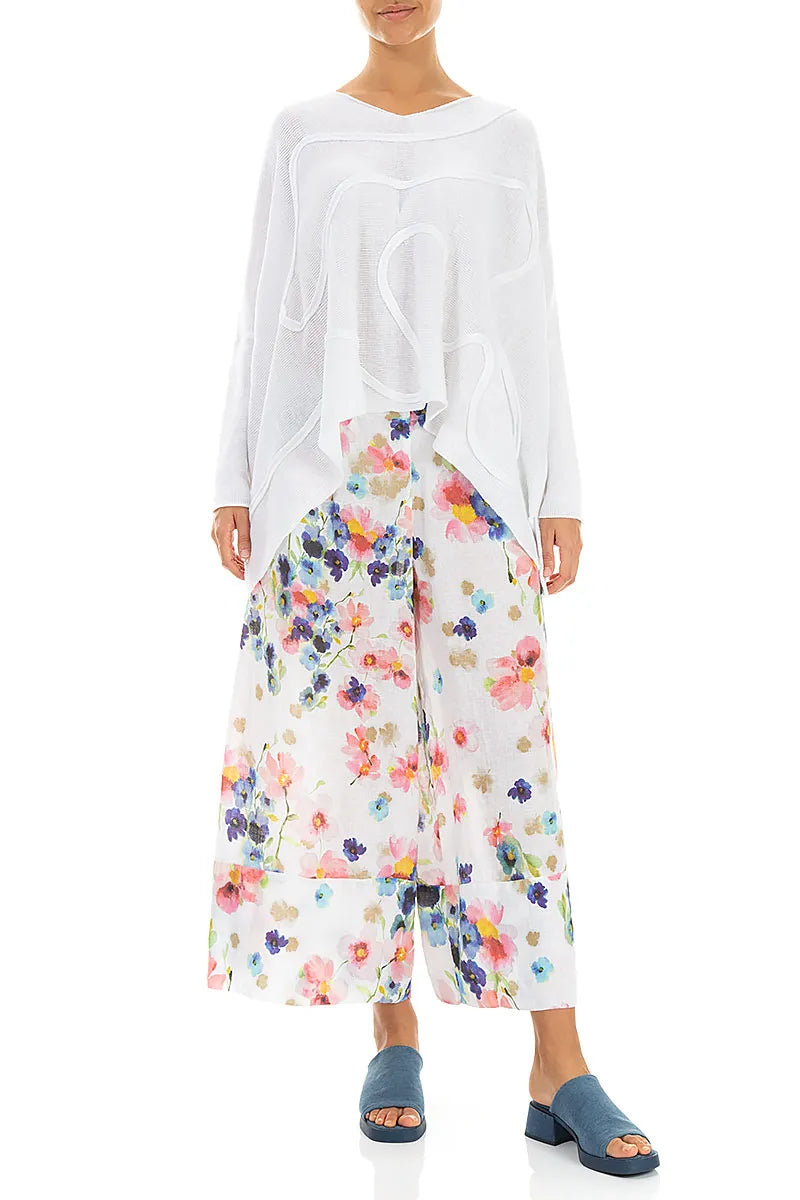 Wide Wavy Seam White Linen Jumper