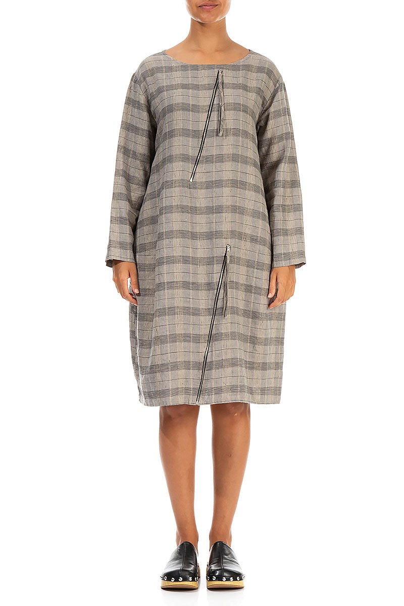 Zips Embellished Greige Check Linen Dress 1
