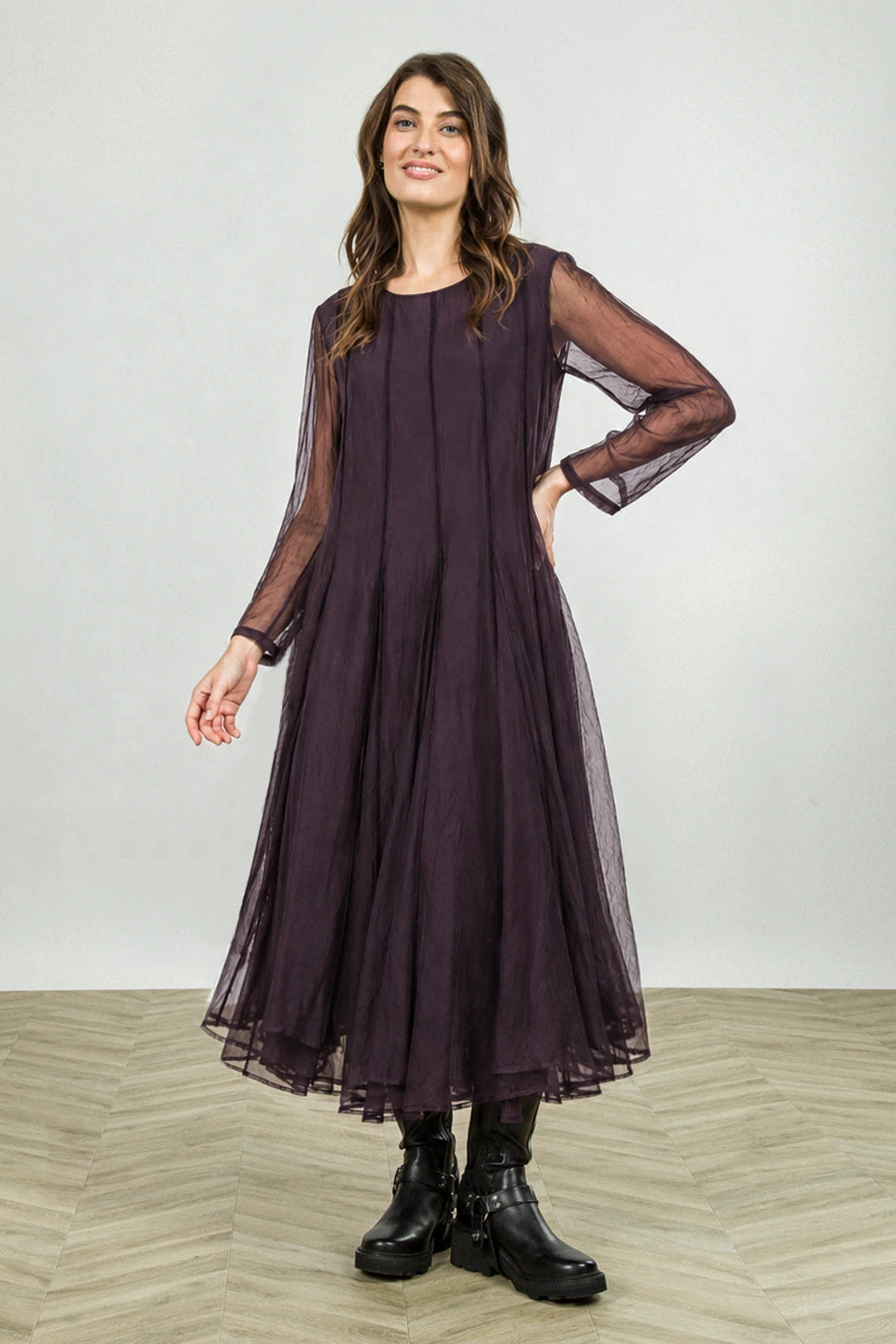 Robe fluide en mousseline de Soie prune foncé