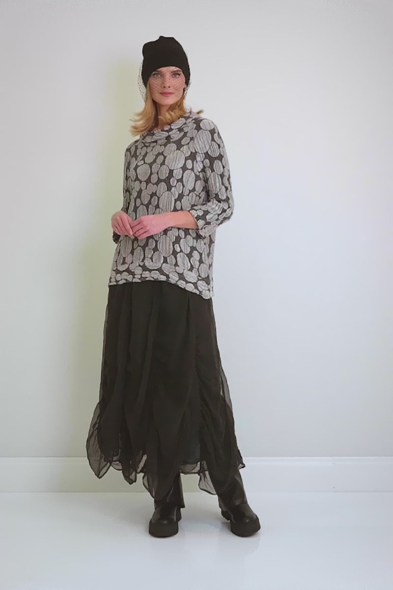 Cropped Sleeves Silver Circle Silk Linen Blouse