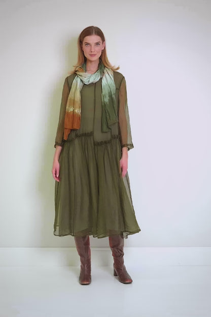 Ruffled Forest Mist Silk Chiffon Dress 7