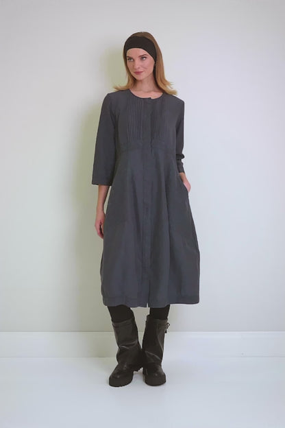 Pleated Front Slate Blue Silk Cotton Dress 6