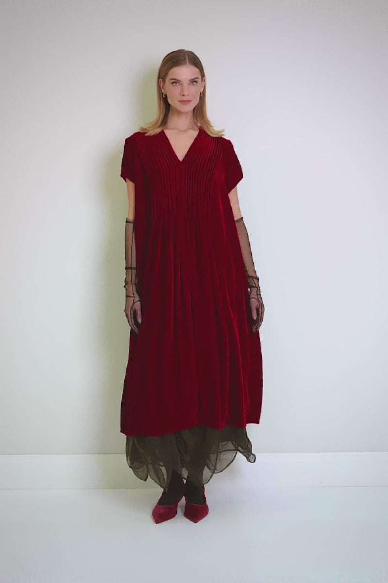 Romantic V-Neck Cherry Red Silk Velvet Dress 9