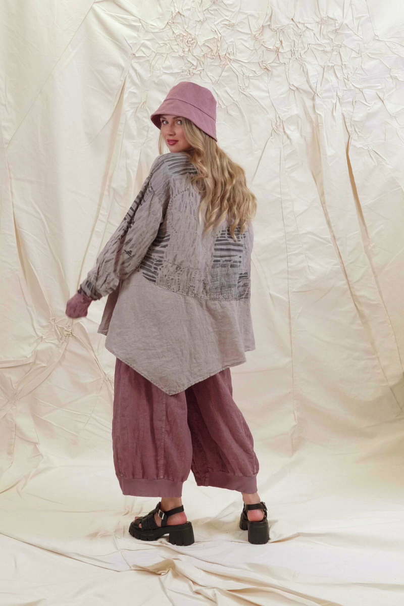 Asymmetrical Greige Printed Back Linen Shirt 8