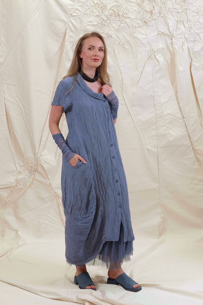 Buttoned Balloon Crinkled Blue Nova Silk Dress 7