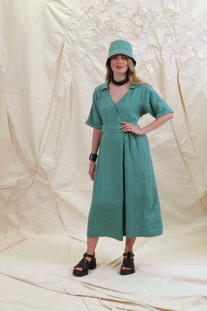 Collar V-Neck Turquoise Linen Dress 7
