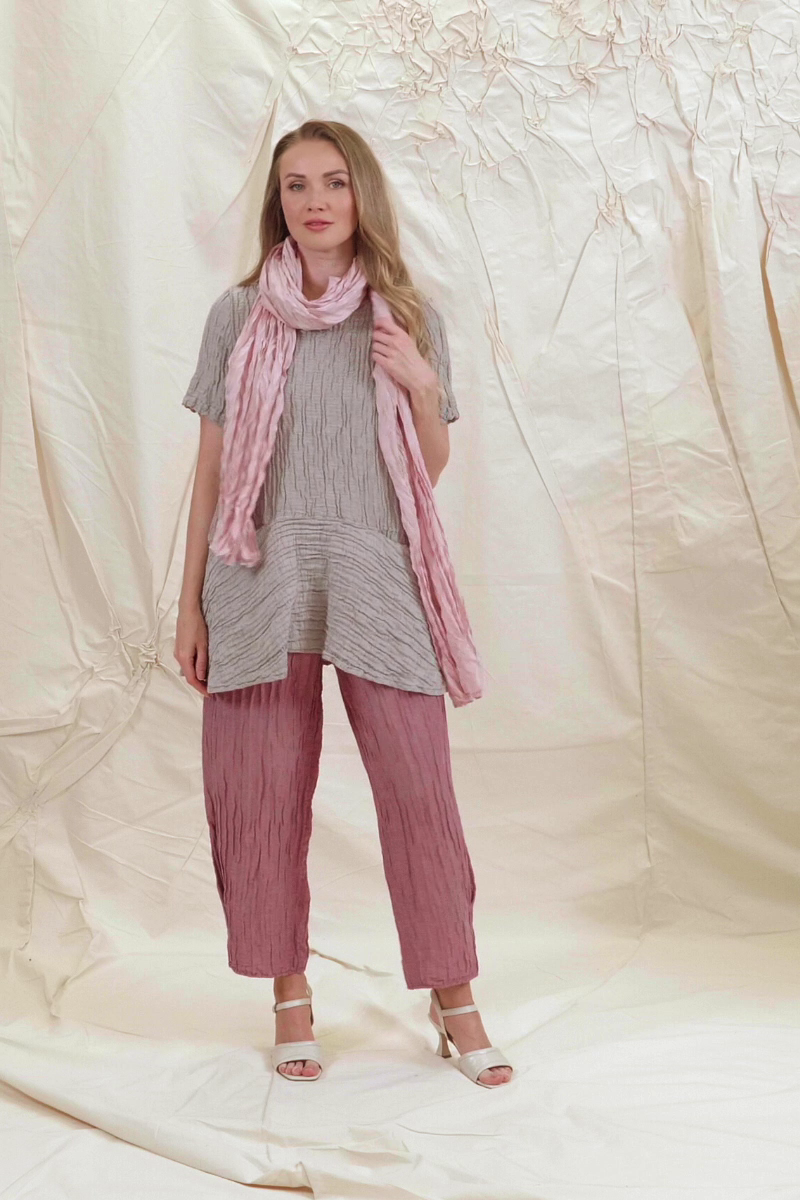 Flared Pockets Crinkled Greige Silk Linen Blouse 7