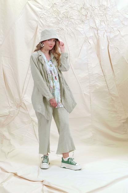 Fringed Flared Laurel Green Linen Trousers 8
