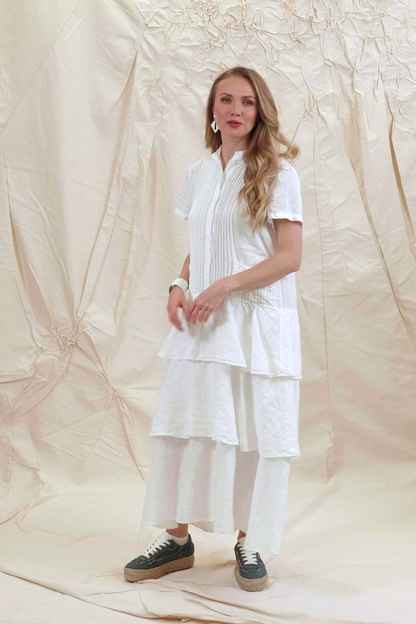 Layered Ruffles White Linen Dress 7