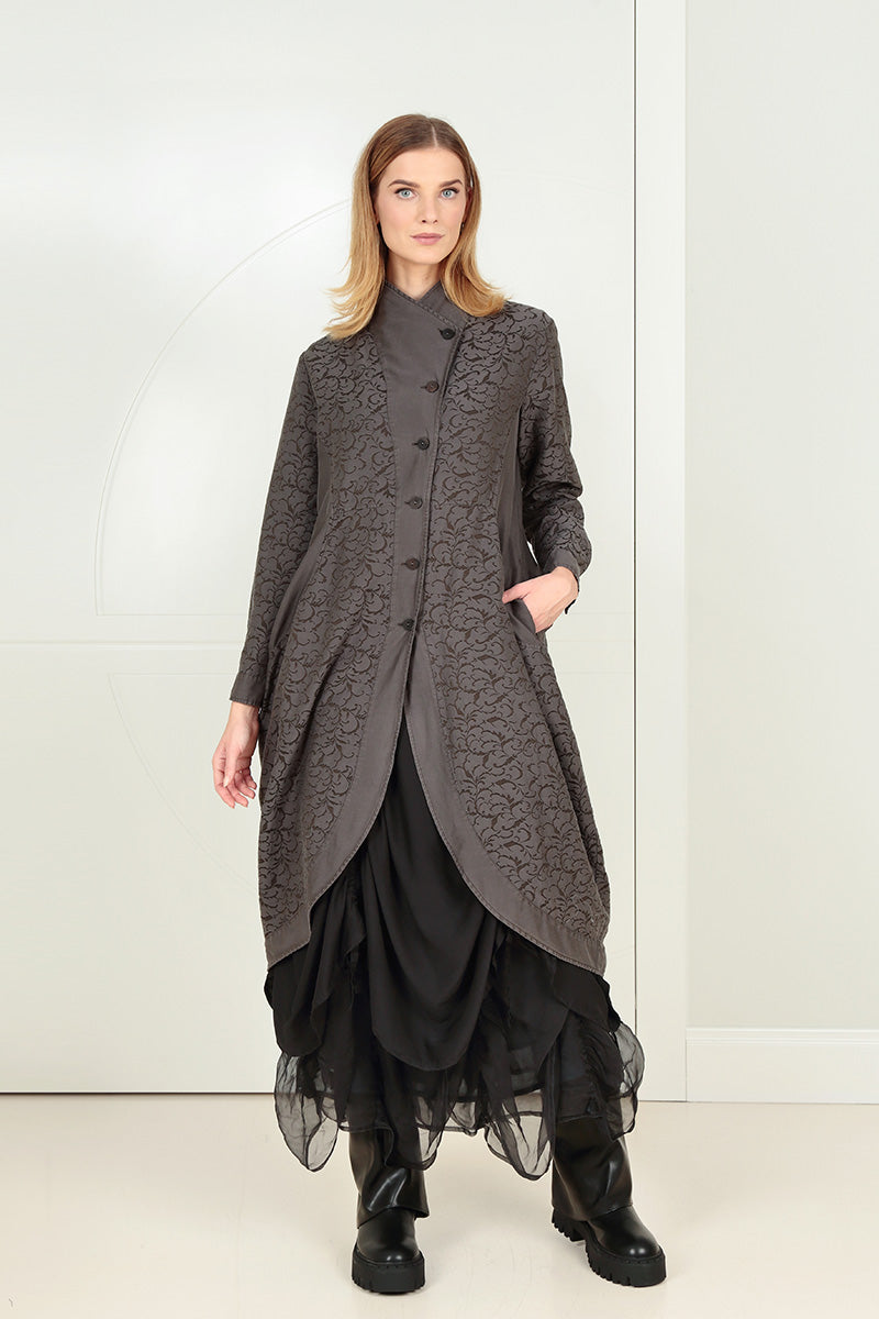 Longer Back Ornamented Forest Brown Silk Cotton Jacket 7