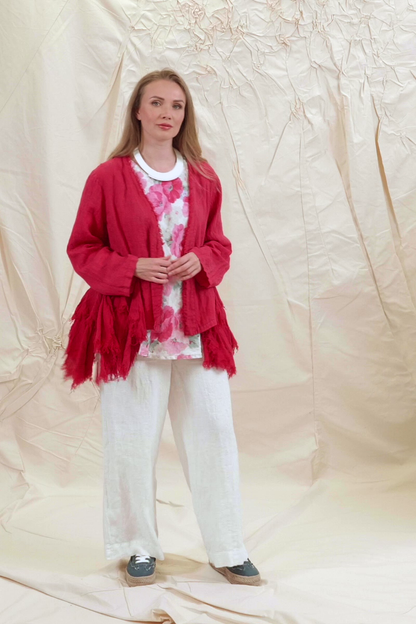Open Fringed Raspberry Linen Jacket 7