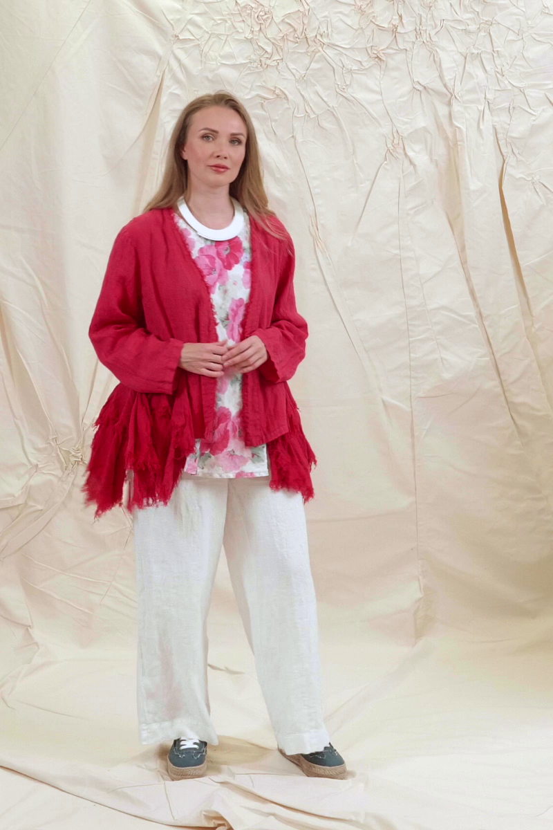 Open Fringed Raspberry Linen Jacket 7