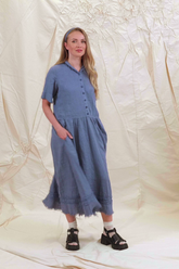 Peter Pan Collar Raw Hem Blue Nova Linen Dress 7