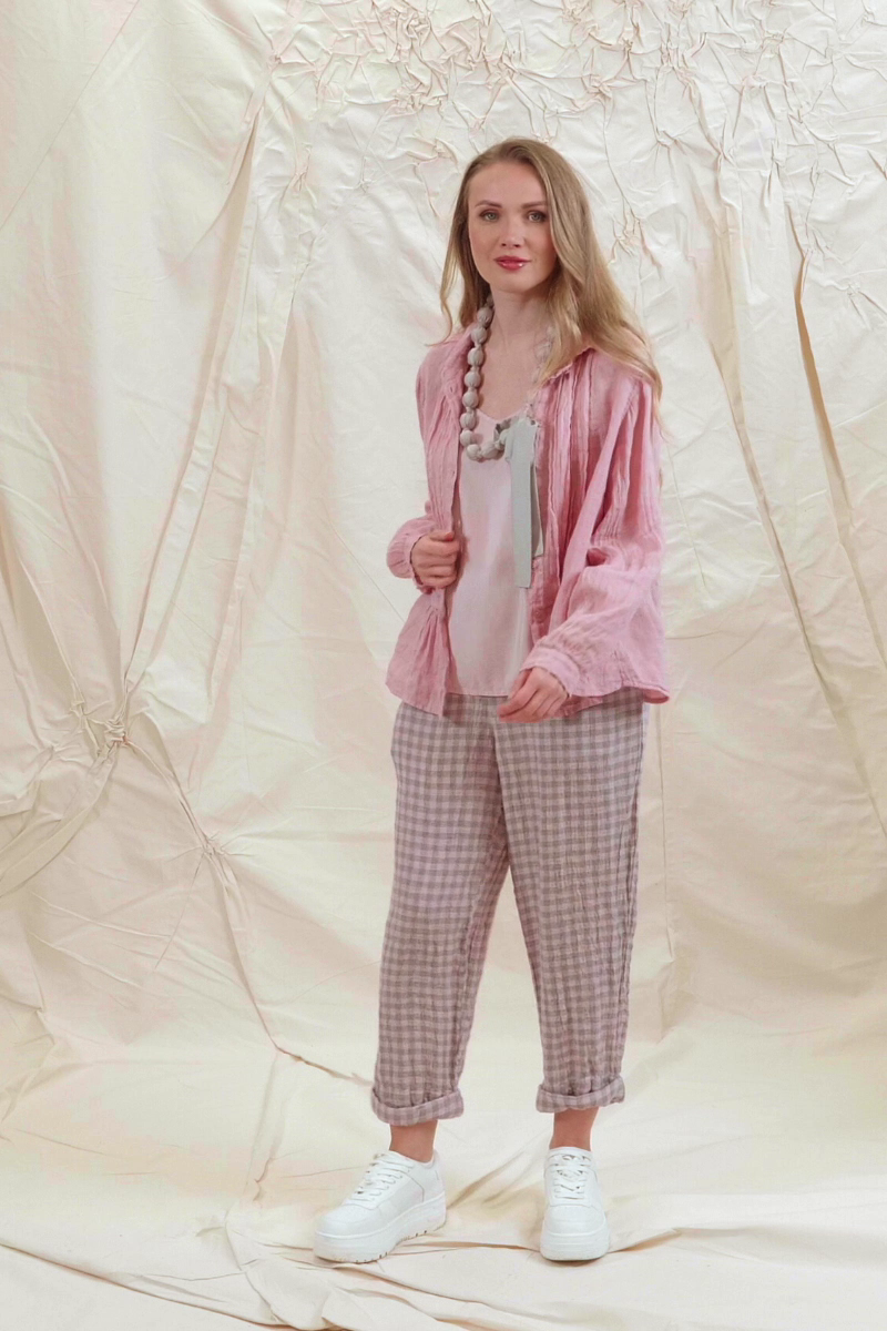 Roll Up Pink Check Linen Trousers 8