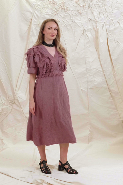 Ruffle Mauve Taupe Linen Dress 8