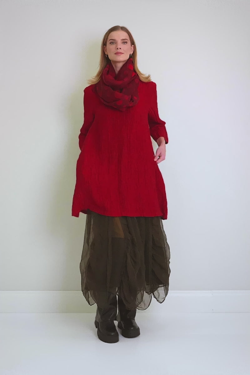 V-Neck Cherry Red Crinkled Silk Tunic 7