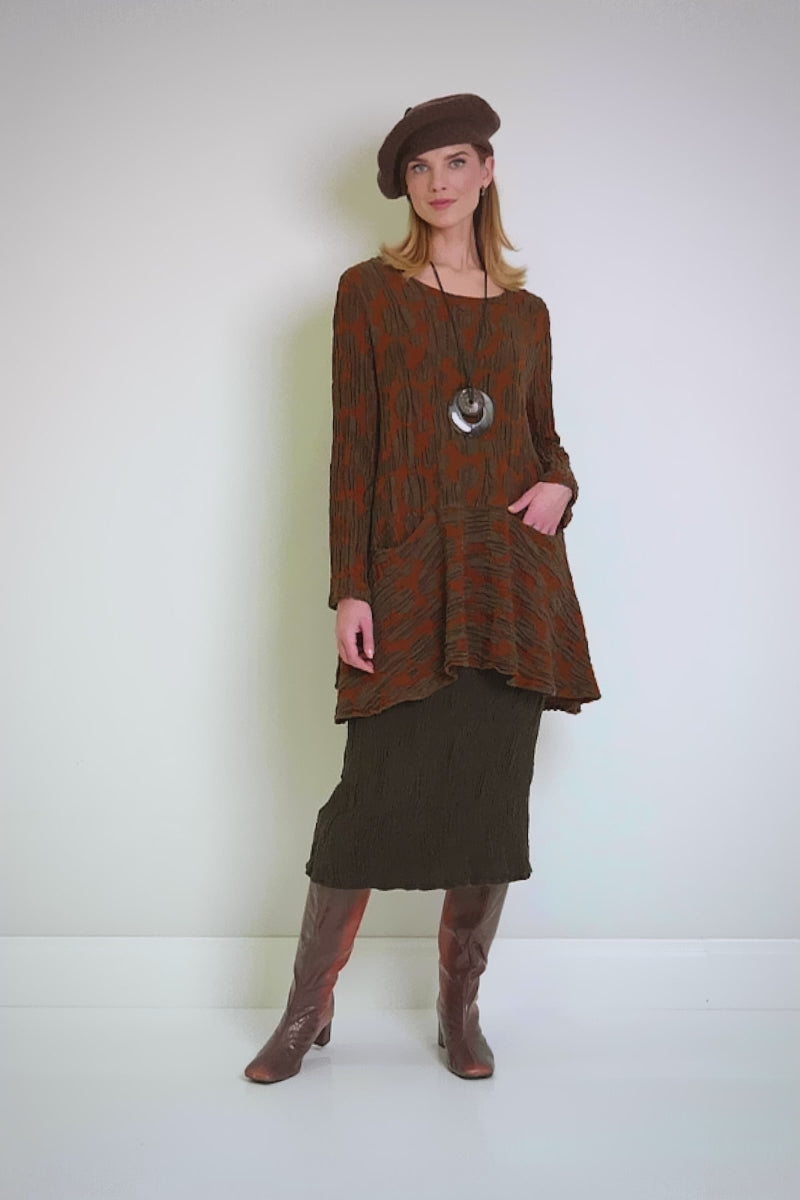 Flared Pockets Crinkled Aged Copper Circle Silk Linen Tunic 8