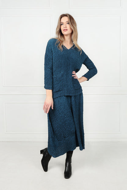 A-line Crinkled Petrol Blue Silk Skirt 5