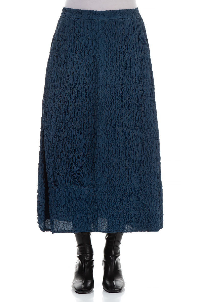 A-line Crinkled Petrol Blue Silk Skirt 1