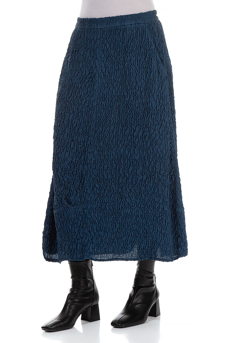 A-line Crinkled Petrol Blue Silk Skirt 3