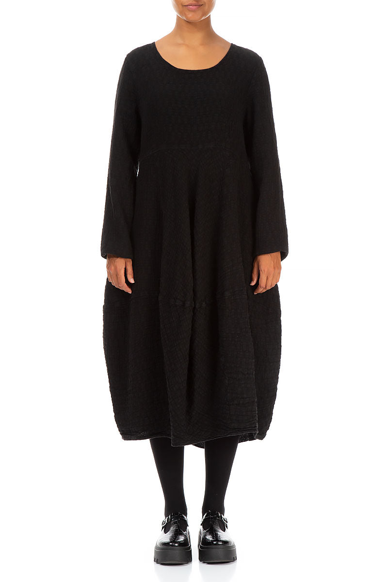 Balloon Long Sleeves Black Textured Linen Dress 1