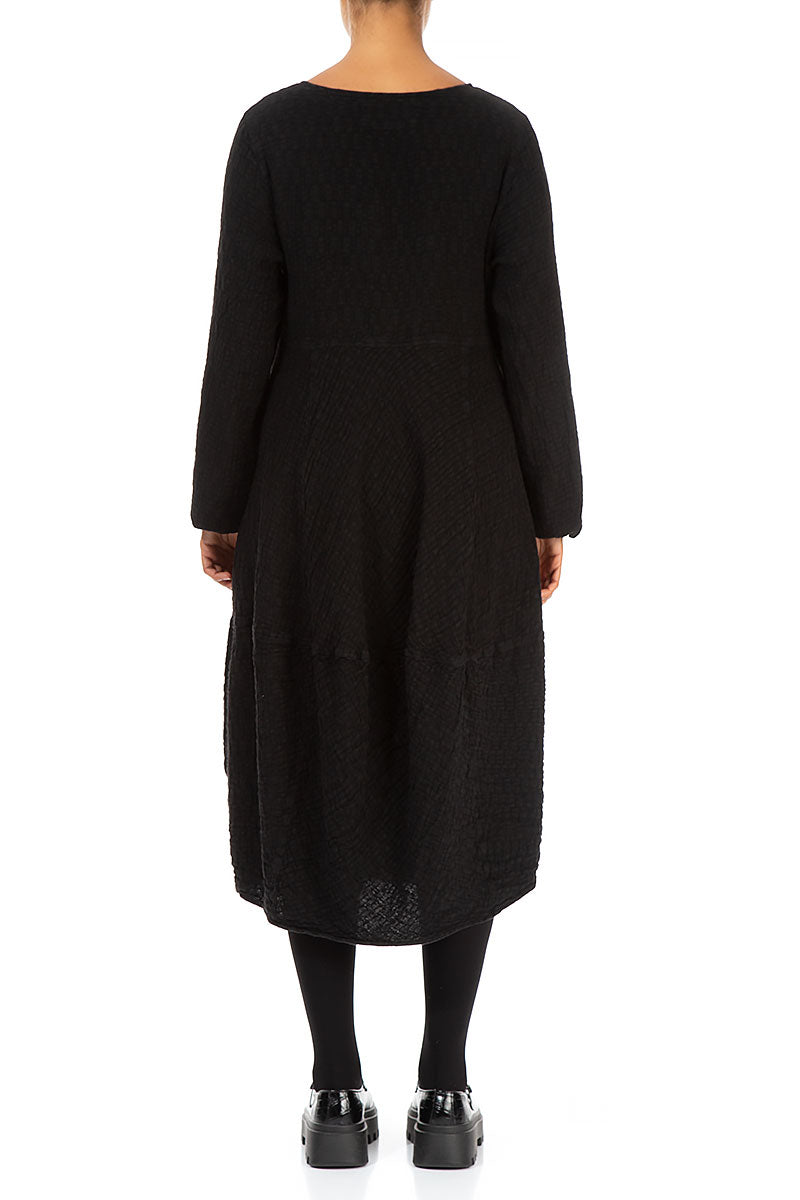 Balloon Long Sleeves Black Textured Linen Dress 2