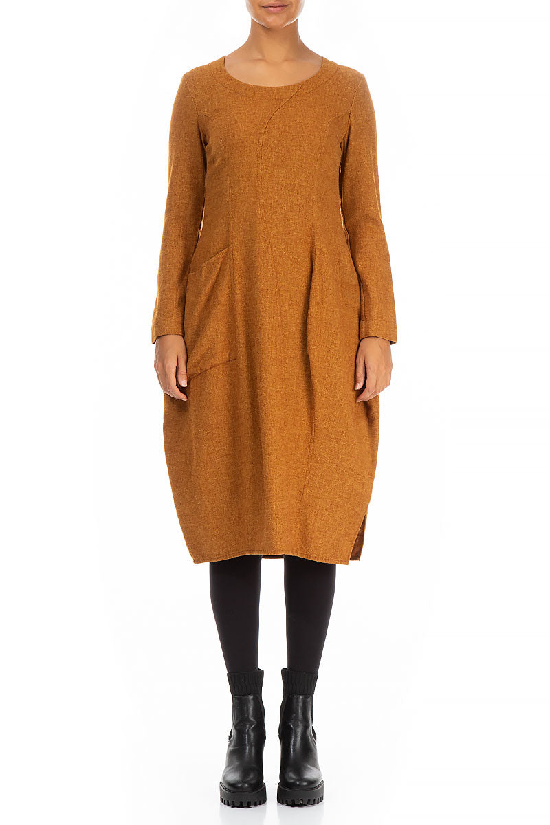 Balloon Long Sleeves Yellow Ochre Wool Dress 1