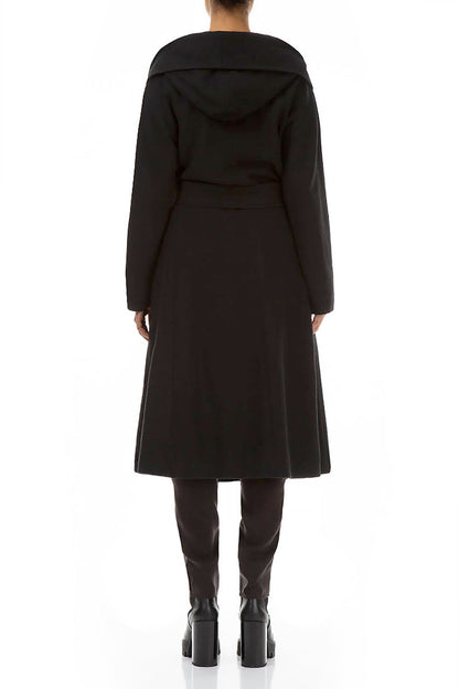 Hooded Belted Black Wool Coat 2