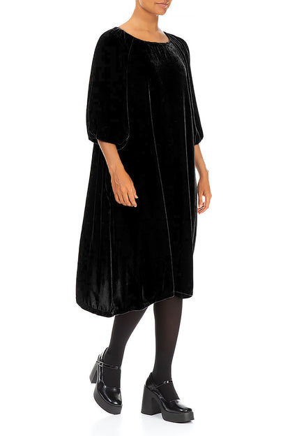 Bishop Sleeves Black Silk Velvet Dress 4