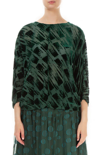 Boxy Devoré Pine Green Silk Velvet Blouse 1