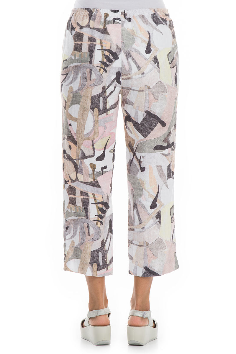 Cropped Pastel Art Linen Trousers 2