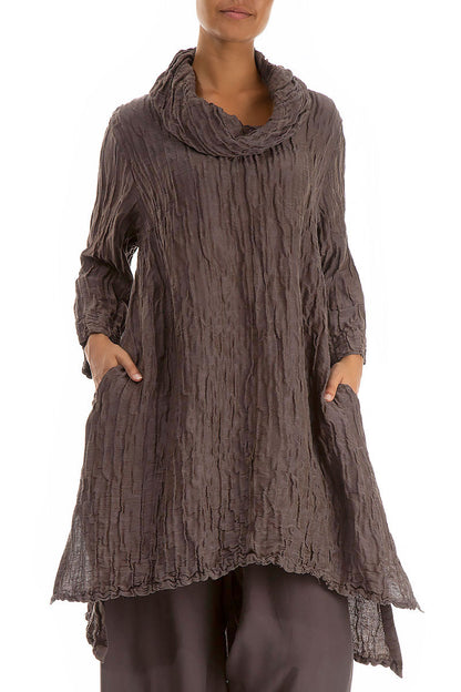 Detachable Collar Crinkled Brown Silk Linen Tunic 3