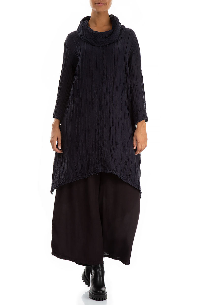 Detachable Collar Crinkled Dark Purple Silk Linen Tunic 6