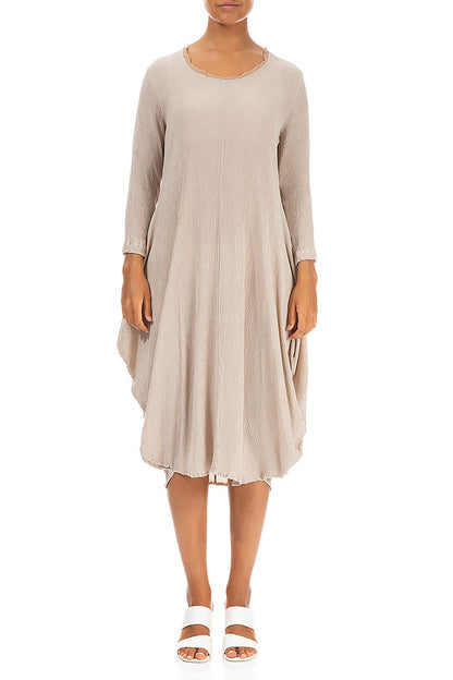 Draped Crinkled Sand Beige Silk Viscose Dress 1