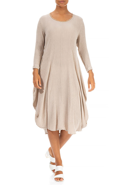 Draped Crinkled Sand Beige Silk Viscose Dress 4