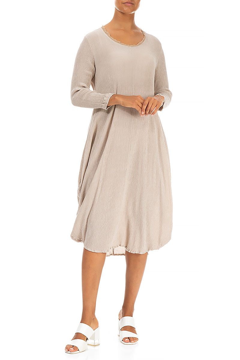Draped Crinkled Sand Beige Silk Viscose Dress 3