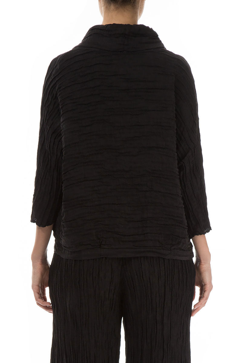 Cowl Neck Crinkled Black Silk Linen Blouse 2