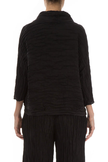 Cowl Neck Crinkled Black Silk Linen Blouse 2