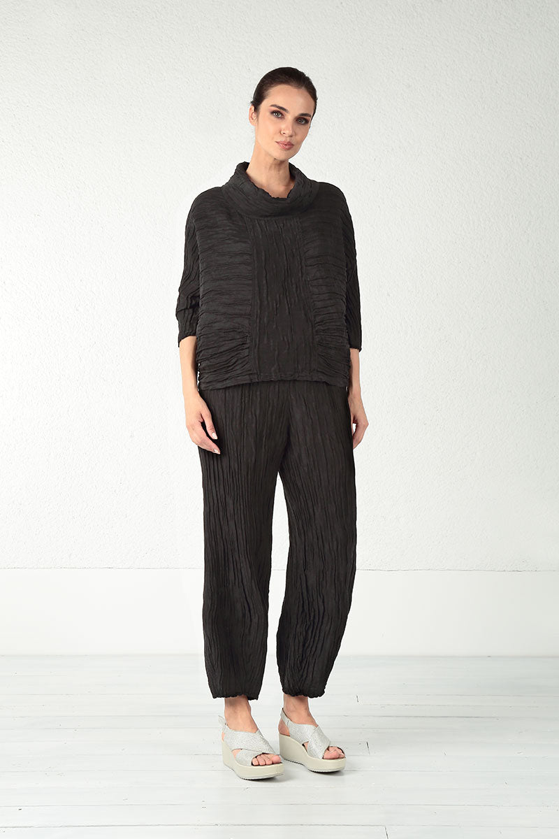 Cowl Neck Crinkled Black Silk Linen Blouse 7
