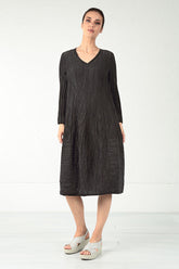 Long Sleeves V-neck Crinkled Black Silk Dress 7