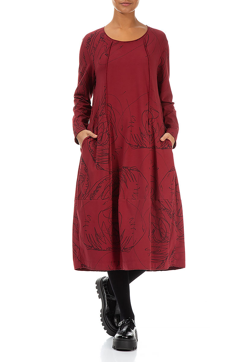 Exposed Seam Bordeaux Abstract Draw Cotton Dress 4