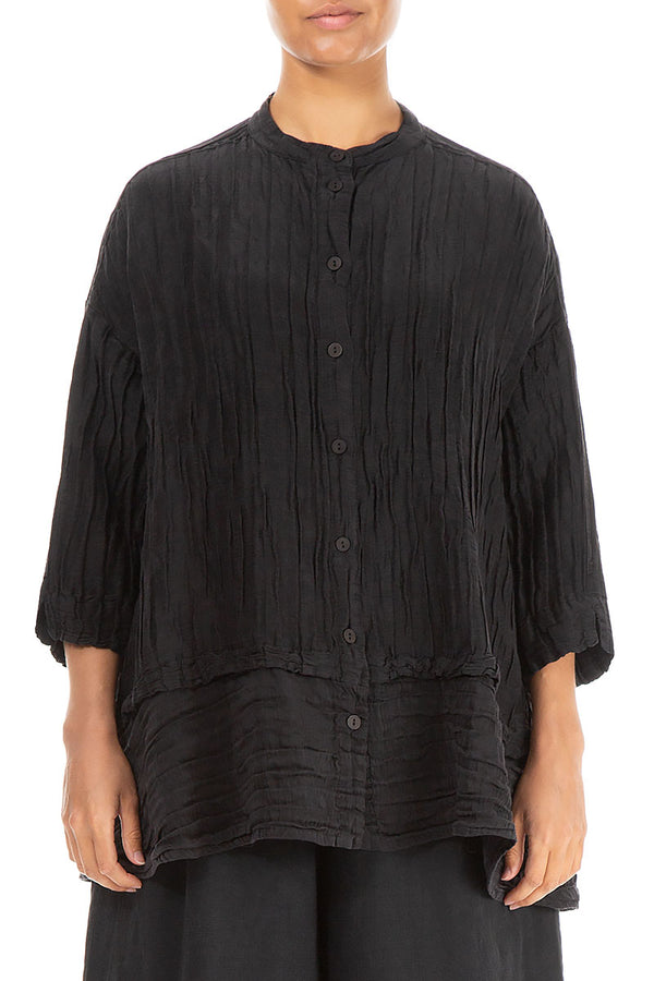 Flared Crinkled Black Silk Shirt 1