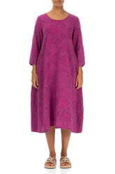 Flared Orchid Print Linen Midi Dress 1