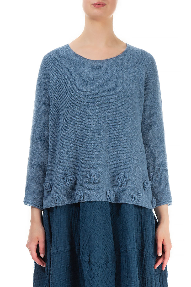 Flowers Petrol Blue Wool Sweater 1