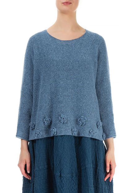 Flowers Petrol Blue Wool Sweater 1