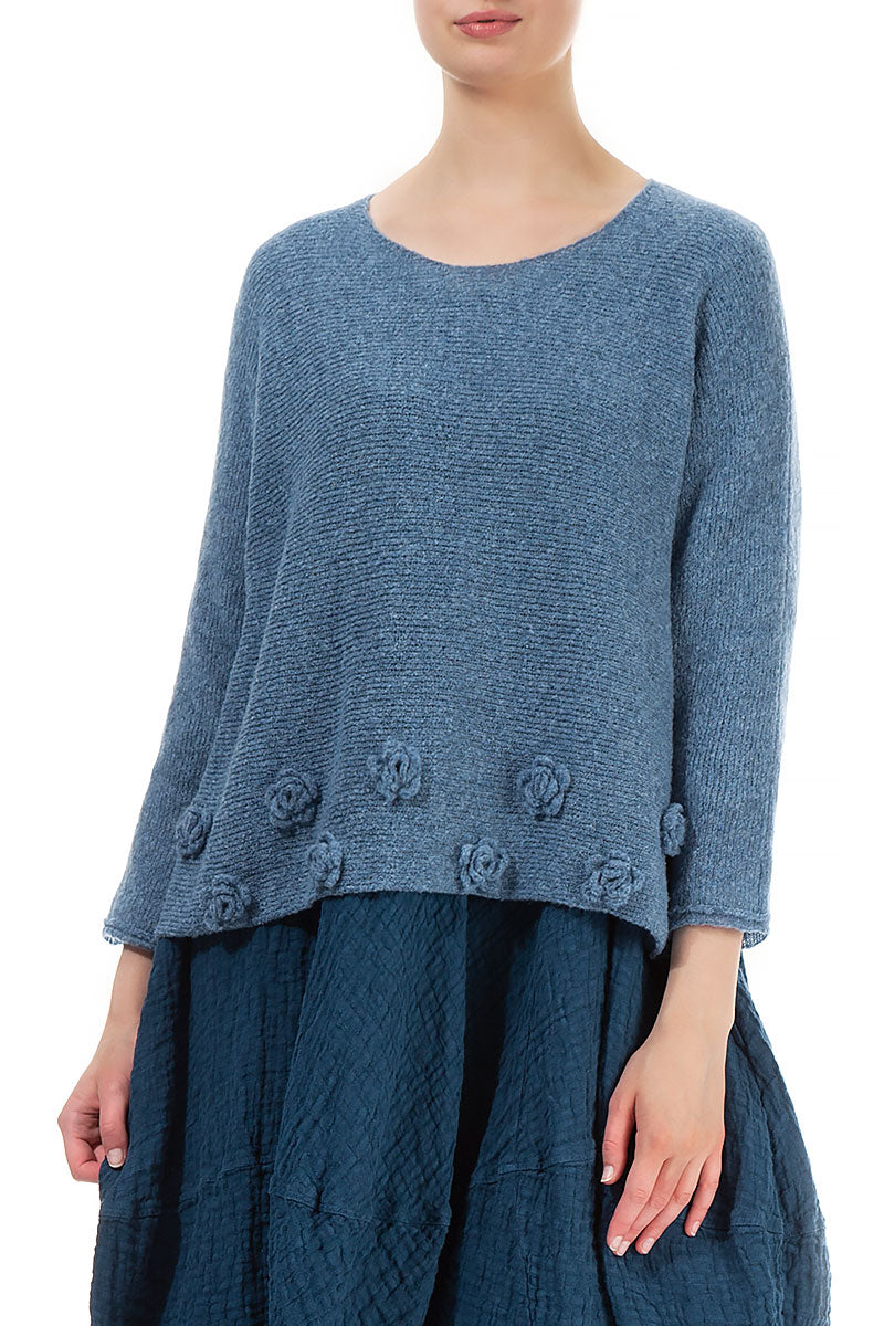Flowers Petrol Blue Wool Sweater 3